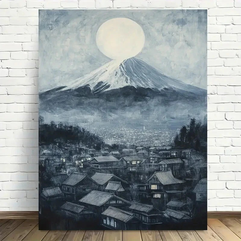 Beautiful Moon Over Traditional Village Painting 40x60cm Metal Print Ready to Hang