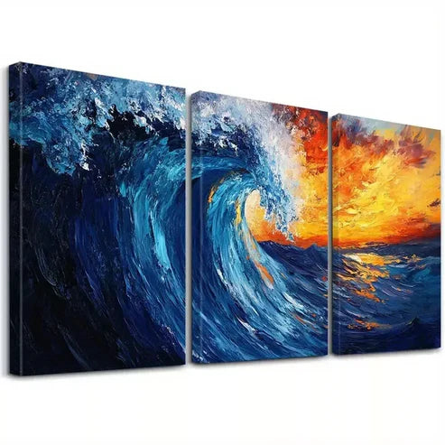 3pcs Blue And Orange Decorative Abstract Ocean Wall Art Set Canvas Framed 60x90cm - High Quality Print 100% Australian Made Wall Canvas Ready to Hang