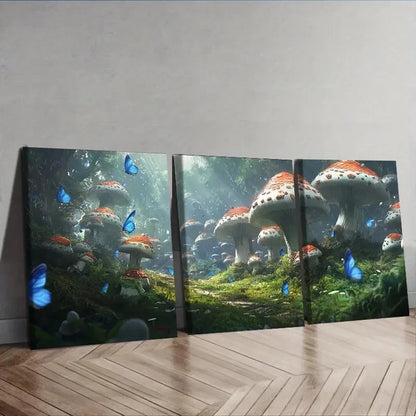 3pcs Featuring Mushrooms in a Forest Wall Art Set Canvas Framed 40x60cm - High Quality Print 100% Australian Made Wall Canvas Ready to Hang