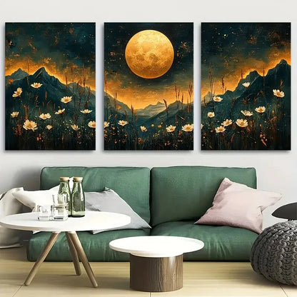 3pcs Full Moon Floral Night Sky White Perfect Wall Art Set Canvas Framed 40x60cm - High Quality Print 100% Australian Made Wall Canvas Ready to Hang