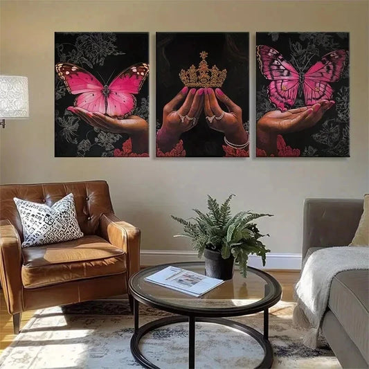 3pcs Butterfly and Crown Hands Holding Perfect Wall Art Set Canvas Framed 40x60cm - High Quality Print 100% Australian Made Wall Canvas Ready to Hang