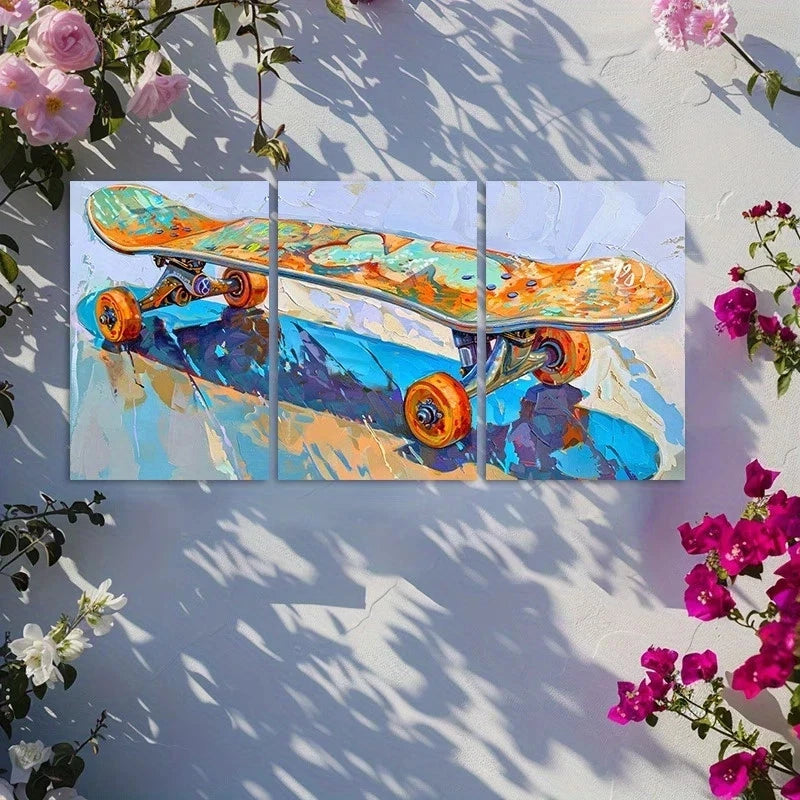 3pcs Urban Charm, Skateboard Illustration Metal Print Ready to Hang Art