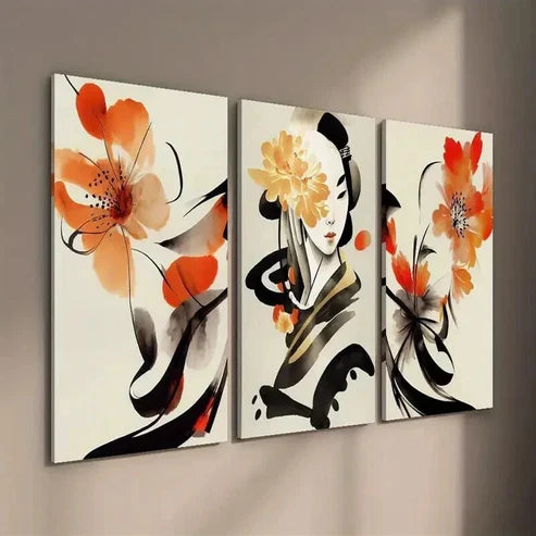 3pcs Ancient Style Woman and Flowers Wall Art Set Canvas Unframed - High Quality Print 100% Australian Made Wall Canvas
