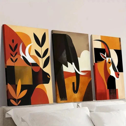 3pcs Cattle Goat & Elephant Geometric Design Wall Art Set Canvas Unframed - High Quality Print 100% Australian Made Wall Canvas