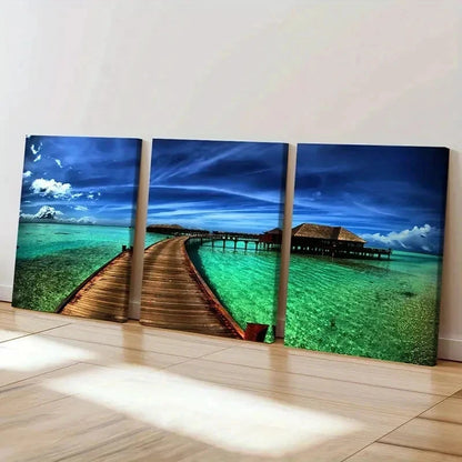 3pcs Sea View Cabin Bridge Landscape Wall Art Set Canvas Framed 40x60cm - High Quality Print 100% Australian Made Wall Canvas Ready to Hang