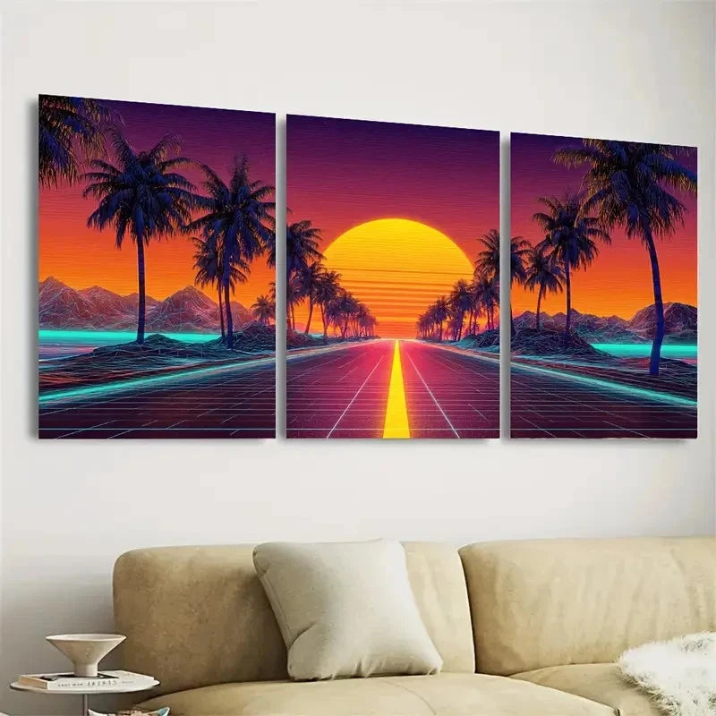 3pcs Neon Sunset Palm Tree Synthwave Retro Art Wall Art Set Canvas Framed 40x60cm - High Quality Print 100% Australian Made Wall Canvas Ready to Hang