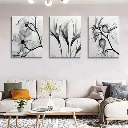 3pcs Black and White Botanical Floral and Leaf Wall Art Set Canvas Framed 40x60cm - High Quality Print 100% Australian Made Wall Canvas Ready to Hang