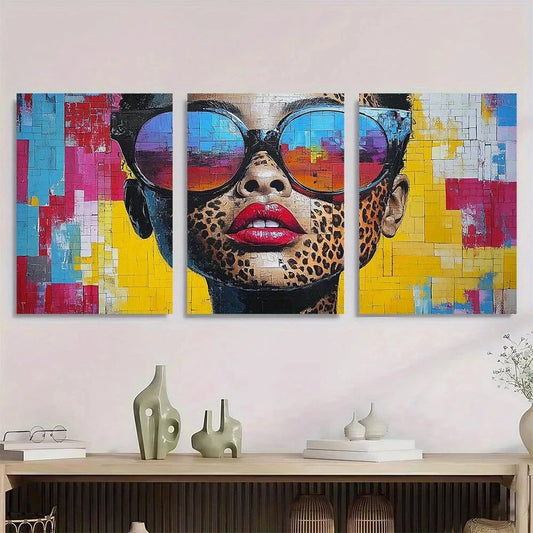 3pcs Vibrant Fashion Girl with Leopard Metal Print Ready to Hang Art