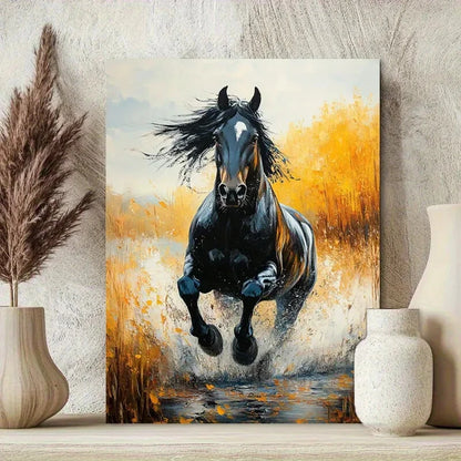 Black Horse In Motion Vibrant Brushstrokes Painting 40x60cm Metal Print Ready to Hang