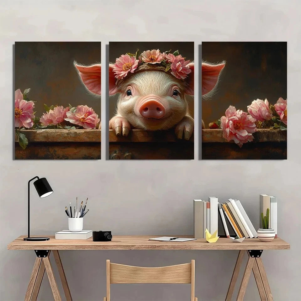 3pcs Charming Rustic Farmhouse Pig Metal Print Ready to Hang Art