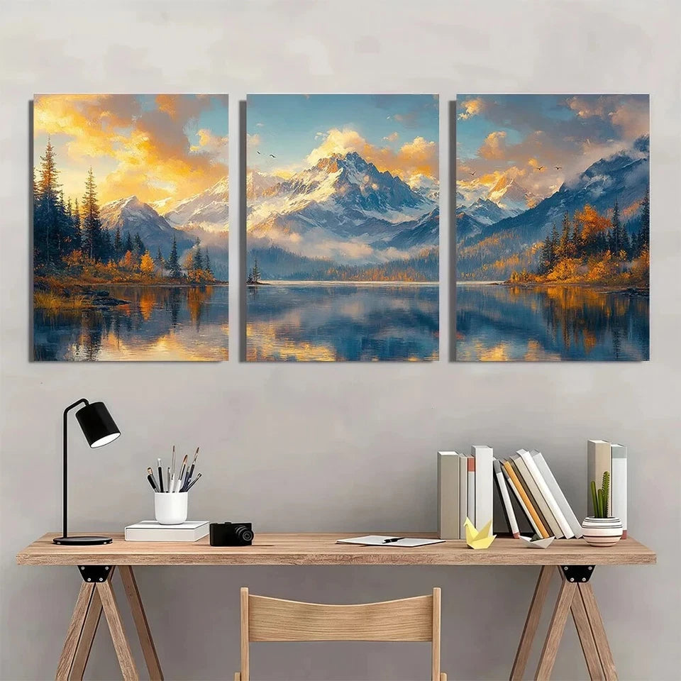3pcs Vibrant Mountain Serene Lake and Snow Capped Metal Print Ready to Hang Art