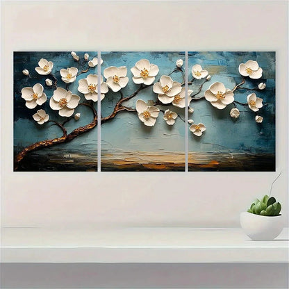 3pcs White Blossom Tree Painting Textured Metal Print Ready to Hang Art