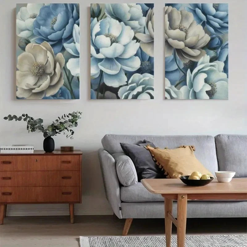 3pcs Blue Floral Elegant Blue & White Flowers Metal Print Ready to Hang Art