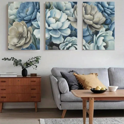 3pcs Blue Floral Elegant Blue & White Flowers Metal Print Ready to Hang Art