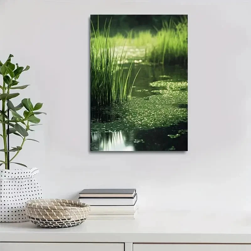 Green Aquatic Grassland Water Lily Painting 40x60cm Metal Print Ready to Hang