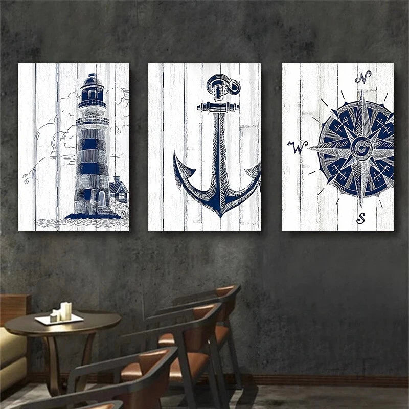 3pcs Light House Blue & Gray Elegant Metal Print Ready to Hang Art