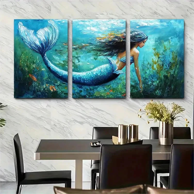 3pcs Mermaid Underwater Girl Decor Perfect Wall Art Set Canvas Framed 60x90cm - High Quality Print 100% Australian Made Wall Canvas Ready to Hang