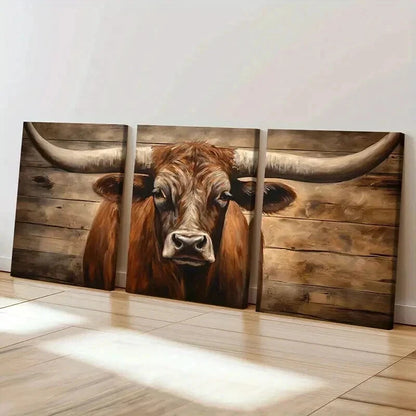 3pcs Vintage Rustic Texas Longhorn Cow Wall Art Set Canvas Framed 40x60cm - High Quality Print 100% Australian Made Wall Canvas Ready to Hang