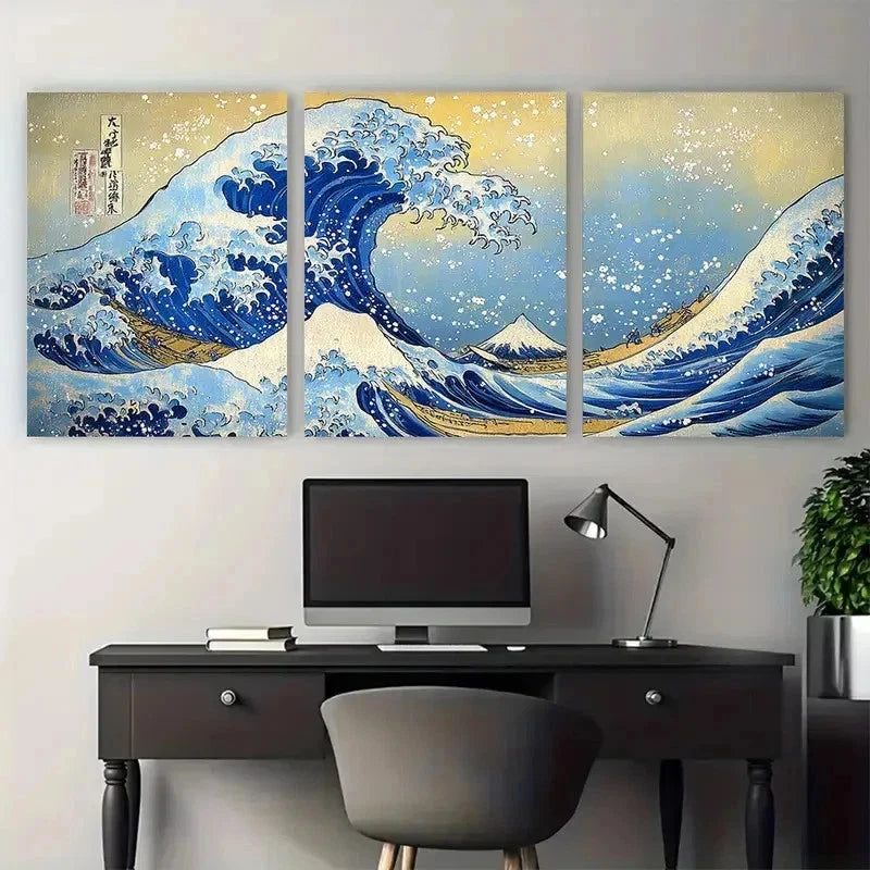 3pcs Katsushika Hokusai Japanese Waves Perfect Wall Art Canvas Framed 60x90cm