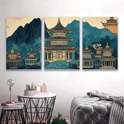 3pcs Japanese Pagoda Landscape Triptych Wall Art Set Canvas Framed 40x60cm - High Quality Print 100% Australian Made Wall Canvas Ready to Hang