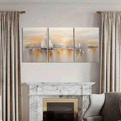 3pcs Abstract Golden Hour Sailing Ships Wall Art Set Canvas Framed 40x60cm - High Quality Print 100% Australian Made Wall Canvas Ready to Hang