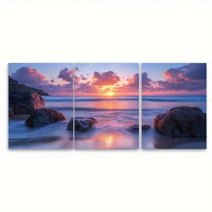 3pcs Ocean Sunset at Little Fistral Beach D Wall Art Set Canvas Framed 50x70cm - High Quality Print 100% Australian Made Wall Canvas Ready to Hang