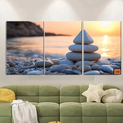 3pcs Balanced Pebble Pyramid on Shore Zen Metal Print Ready to Hang Art