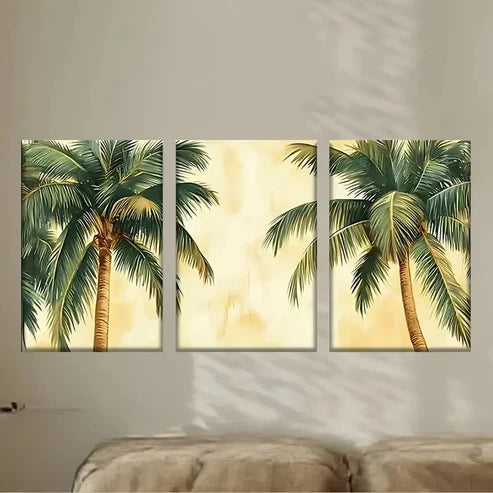 3pcs Palm Trees on a Yellow Background Wall Art Set Canvas Unframed - High Quality Print 100% Australian Made Wall Canvas