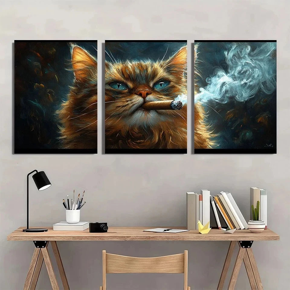 3pcs Whimsical Smoking Fat Cat with Cigar Metal Print Ready to Hang Art