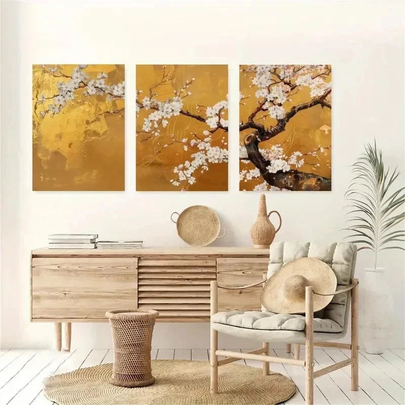 3pcs Japanese Cherry Blossom Golden Perfect Wall Art Set Canvas Framed 40x60cm - High Quality Print 100% Australian Made Wall Canvas Ready to Hang