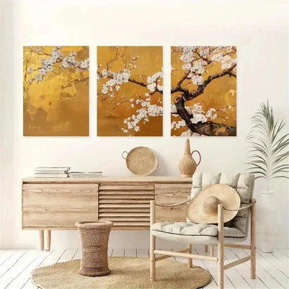 3pcs Japanese Cherry Blossom Golden Perfect Wall Art Set Canvas Framed 40x60cm - High Quality Print 100% Australian Made Wall Canvas Ready to Hang