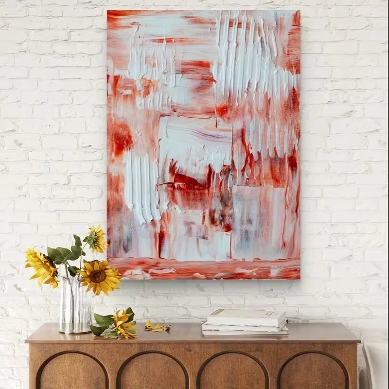 Vibrant Red, White & Gray Thick Textured Abstract 60x90cm Metal Print Ready to Hang