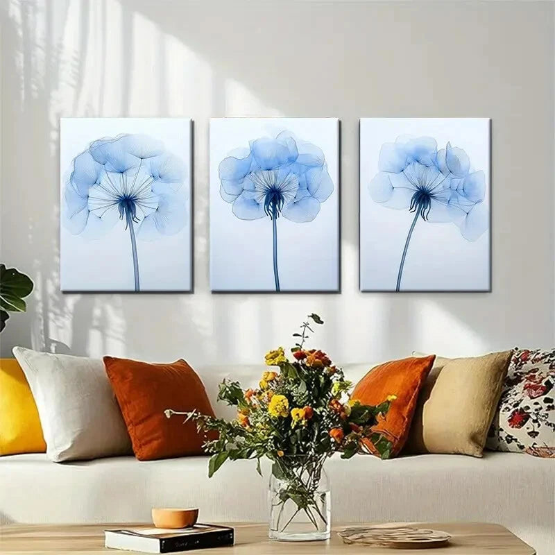 3pcs Soft and Elegant Flower Blue Floral Perfect Wall Art Set Canvas Framed 60x90cm - High Quality Print 100% Australian Made Wall Canvas Ready to Hang