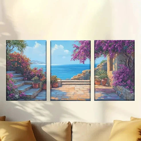 3pcs Coastal Scene with Purple Flowers & Stone Wall Art Canvas Unframed - High Quality Print 100% Australian Made Wall Canvas