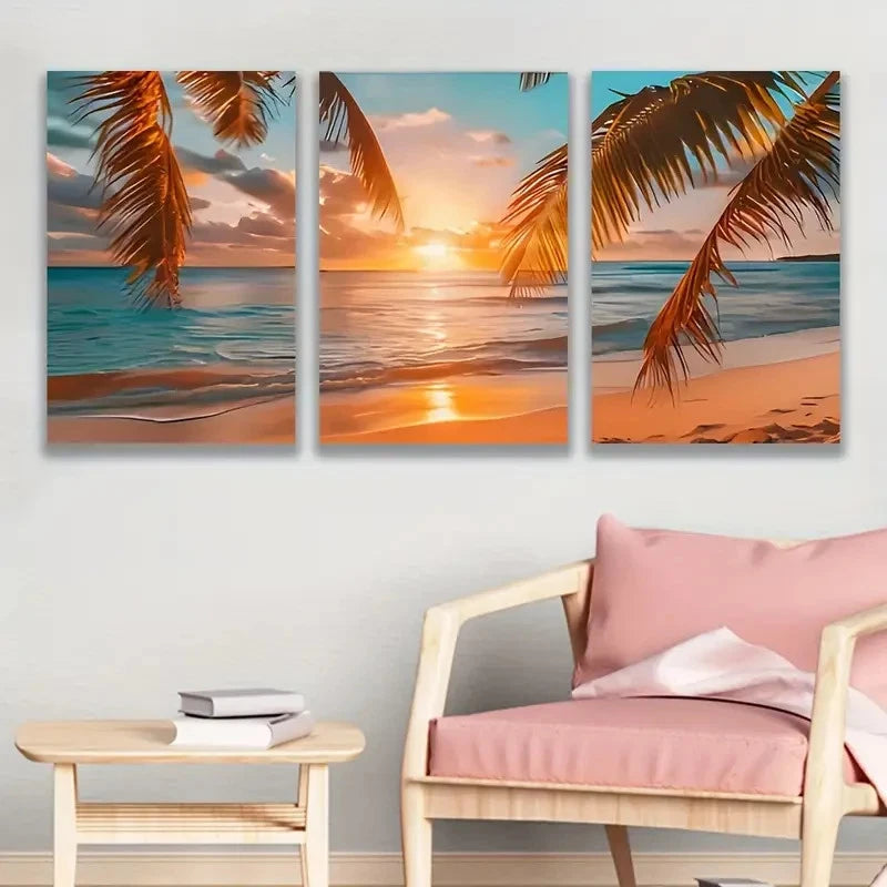 3pcs Sunset Beach Palm Scene Wall Art Set Canvas Framed 50x70cm - High Quality Print 100% Australian Made Wall Canvas Ready to Hang