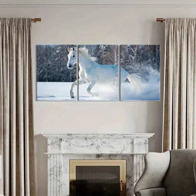 3pcs Elegant White Horse in Snowy Landscape Wall Art Set Canvas Framed 40x60cm - High Quality Print 100% Australian Made Wall Canvas Ready to Hang