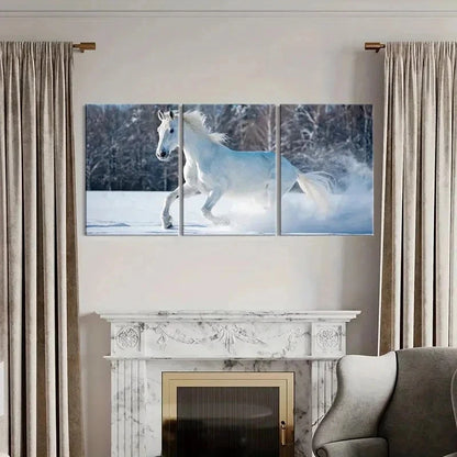 3pcs Elegant White Horse in Snowy Landscape Wall Art Set Canvas Framed 40x60cm - High Quality Print 100% Australian Made Wall Canvas Ready to Hang