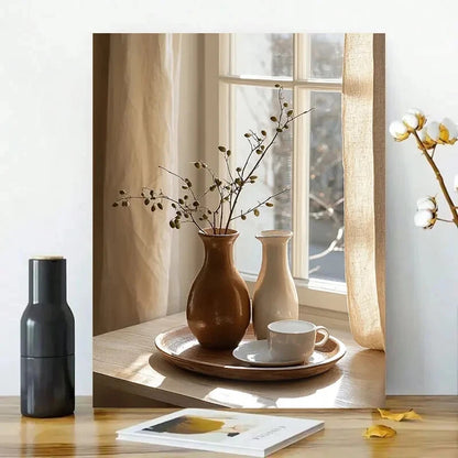 Minimalist Terracotta Vases And Olive Painting 40x60cm Metal Print Ready to Hang