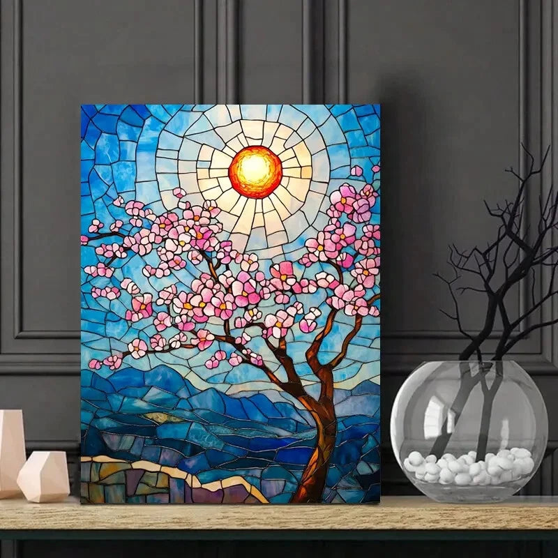 Cherry Blossom Tree Pink Flowers And Sunset Landscape 40x60cm Metal Print Ready to Hang