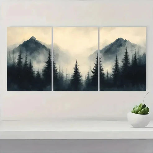 3pcs Misty Forest and Silhouette Trees Wall Art Set Canvas Unframed - High Quality Print 100% Australian Made Wall Canvas