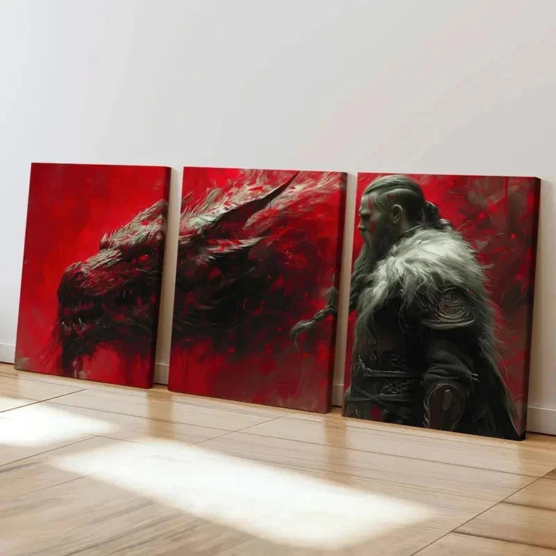 3pcs Fantasy Aesthetic Art Viking Scary Dragon Wall Art Set Canvas Framed 40x60cm - High Quality Print 100% Australian Made Wall Canvas Ready to Hang