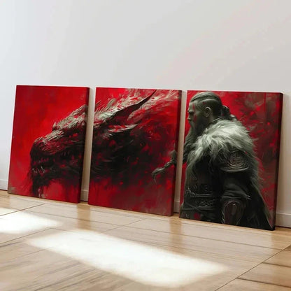 3pcs Fantasy Aesthetic Art Viking Scary Dragon Wall Art Set Canvas Framed 40x60cm - High Quality Print 100% Australian Made Wall Canvas Ready to Hang