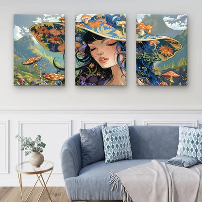 3pcs Cute Fantasy Girl with Floral Hat Wall Art Set Canvas Framed 60x90cm - High Quality Print 100% Australian Made Wall Canvas Ready to Hang