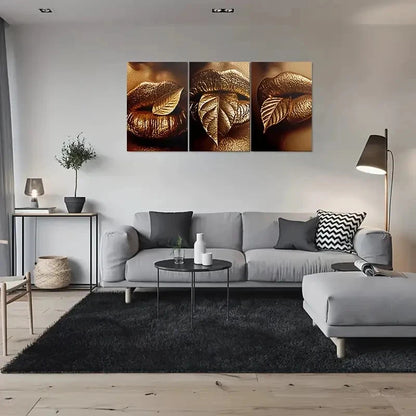 3pcs Golden Leaf Lips Triptych Metal Print Ready to Hang Art