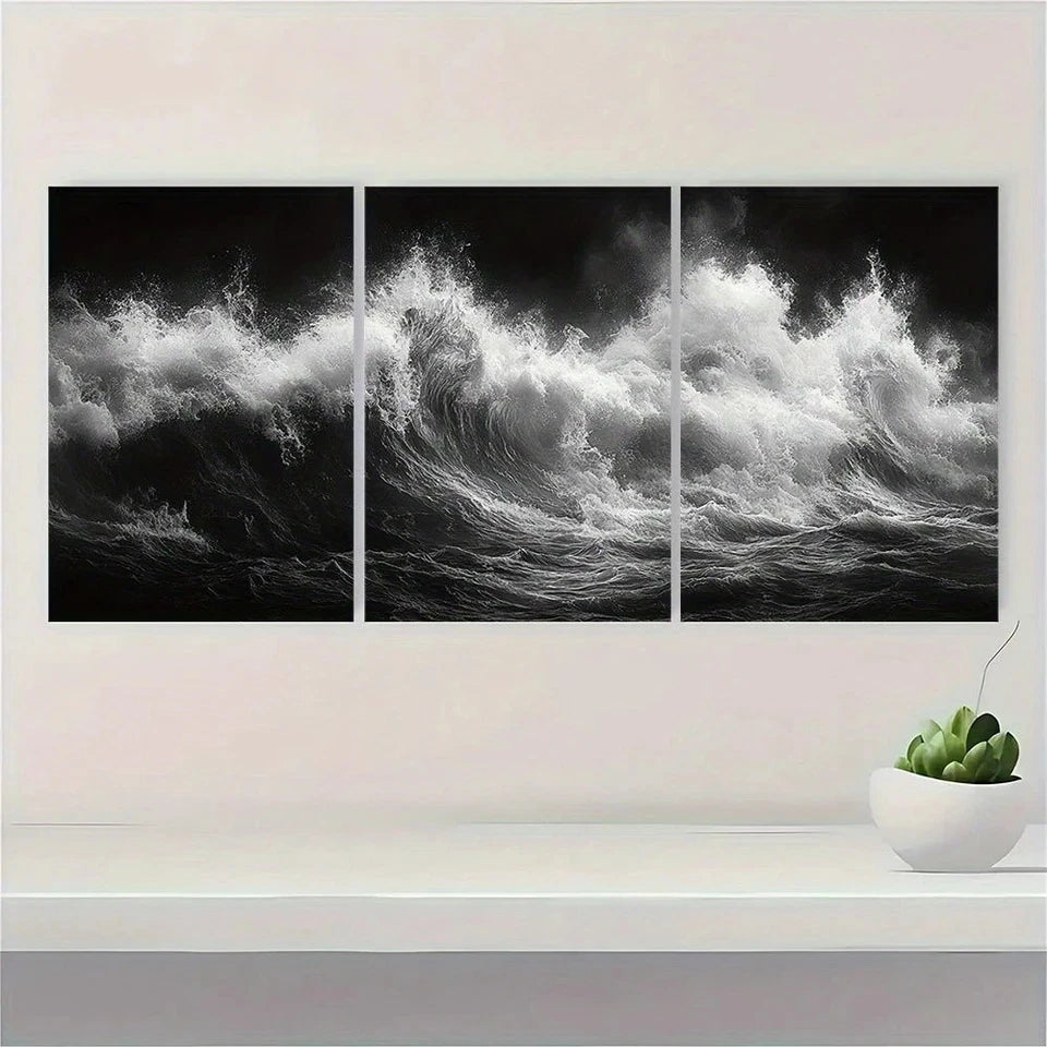 3pcs Black and White Tidal Waves Metal Print Ready to Hang Art