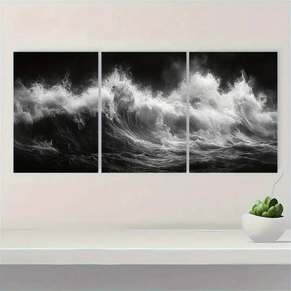 3pcs Black and White Tidal Waves Metal Print Ready to Hang Art