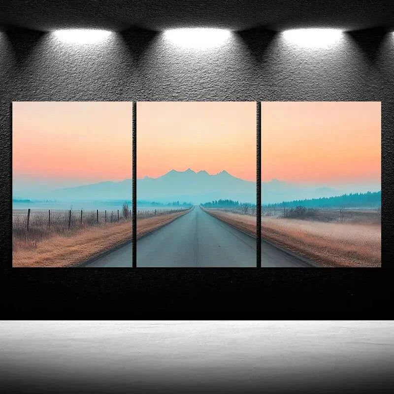 3pcs The Road Under Sunset Glow Metal Print Ready to Hang Art