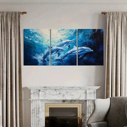 3pcs Sea Life Dolphins in Ocean Landscape Wall Art Set Canvas Framed 40x60cm - High Quality Print 100% Australian Made Wall Canvas Ready to Hang