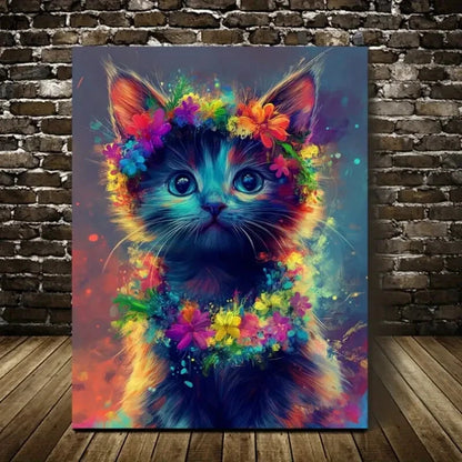 Charming Kitten with Floral Wreath Painting 40x60cm Metal Print Ready to Hang