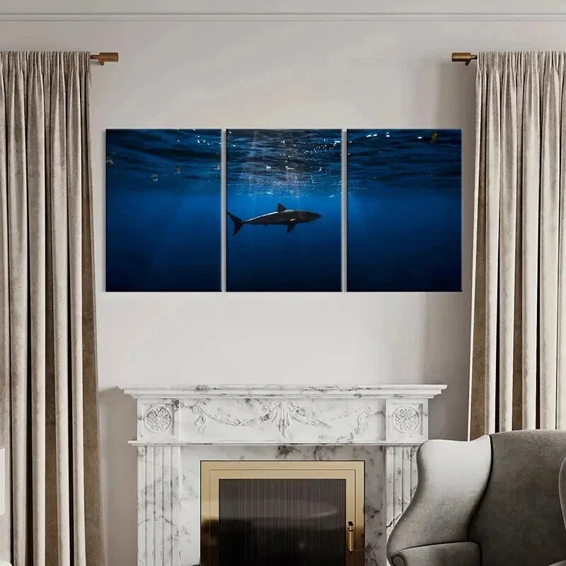 3pcs Sea Life Scene with Realistic Shark Wall Art Set Canvas Framed 40x60cm - High Quality Print 100% Australian Made Wall Canvas Ready to Hang